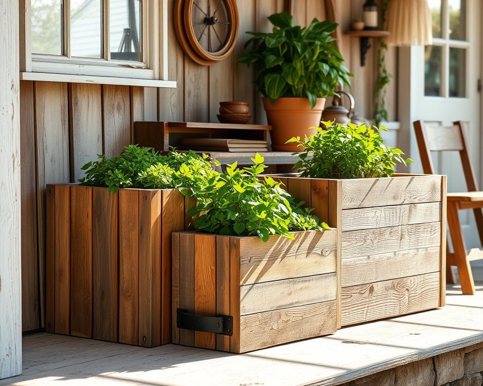 Reclaimed wood planters, weathered and rustic, nestled in a charming farmhouse setting. Sunlight filters through the wooden slats, casting a warm glow. The planters are filled with lush greenery, adding a touch of natural beauty. A backdrop of distressed wooden boards and vintage accents creates a cozy, lived-in atmosphere. The camera angle showcases the planters from a slightly elevated perspective, highlighting their handcrafted details and the overall farmhouse-inspired aesthetic. The overall mood is one of rustic elegance and countryside charm. Reclaimed wood planters, weathered and rustic, nestled in a charming farmhouse setting. Sunlight filters through the wooden slats, casting a warm glow. The planters are filled with lush greenery, adding a touch of natural beauty. A backdrop of distressed wooden boards and vintage accents creates a cozy, lived-in atmosphere. The camera angle showcases the planters from a slightly elevated perspective, highlighting their handcrafted details and the overall farmhouse-inspired aesthetic. The overall mood is one of rustic elegance and countryside charm.