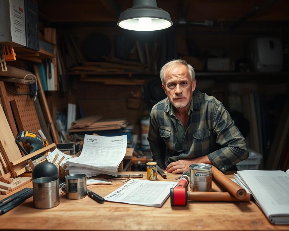 a cluttered workbench in a dimly lit garage, various woodworking tools and materials haphazardly scattered across the surface, a crumpled budget worksheet, half-empty paint cans, and a confused expression on the face of a frustrated amateur woodworker, the scene illuminated by a single overhead light casting deep shadows, a sense of financial strain and disorganization pervading the atmosphere