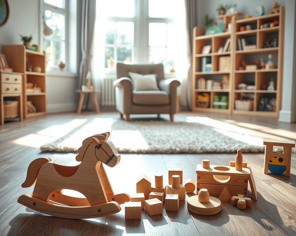 a safe, well-lit children's playroom with wooden toys scattered on the floor. Sunlight streams in through large windows, casting a warm, natural glow. In the foreground, a collection of handcrafted wooden toys - a rocking horse, a set of building blocks, and a shape sorter. In the middle ground, a plush rug and a cozy armchair, creating a inviting, comfortable space. In the background, shelves filled with more wooden toys, books, and educational materials. The overall scene conveys a sense of security, creativity, and attention to child safety. a safe, well-lit children's playroom with wooden toys scattered on the floor. Sunlight streams in through large windows, casting a warm, natural glow. In the foreground, a collection of handcrafted wooden toys - a rocking horse, a set of building blocks, and a shape sorter. In the middle ground, a plush rug and a cozy armchair, creating a inviting, comfortable space. In the background, shelves filled with more wooden toys, books, and educational materials. The overall scene conveys a sense of security, creativity, and attention to child safety.